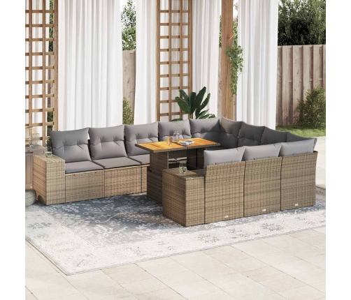 Set sofás jardín y cojines 10 pzas ratán sintético acacia beige