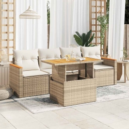 Set sofás jardín y cojines 5 pzas ratán sintético acacia beige