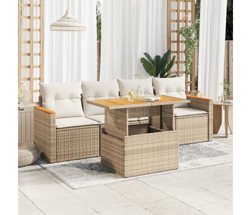 Set sofás jardín y cojines 5 pzas ratán sintético acacia beige