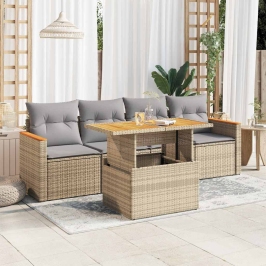 Set sofás jardín y cojines 5 pzas ratán sintético acacia beige