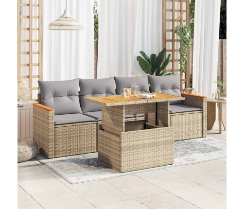 Set sofás jardín y cojines 5 pzas ratán sintético acacia beige