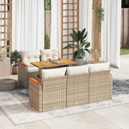 Set sofás jardín y cojines 6 pzas ratán sintético acacia beige