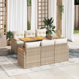 Set sofás jardín y cojines 7 pzas ratán sintético acacia beige