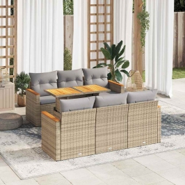 Set sofás jardín y cojines 7 pzas ratán sintético acacia beige