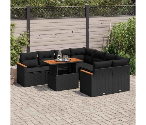 Set sofás jardín y cojines 9 pzas ratán sintético acacia negro