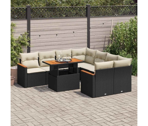 Set sofás jardín y cojines 9 pzas ratán sintético acacia negro