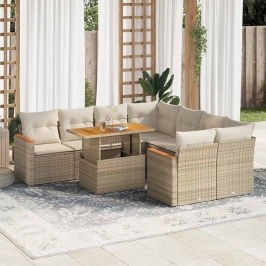 Set sofás jardín y cojines 9 pzas ratán sintético acacia beige