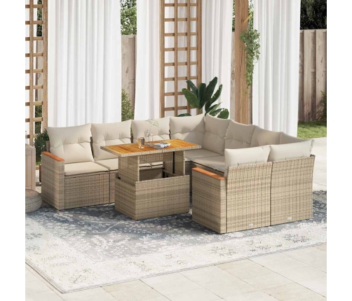 Set sofás jardín y cojines 9 pzas ratán sintético acacia beige