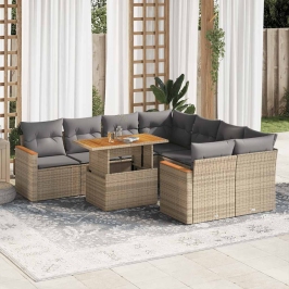 Set sofás jardín y cojines 9 pzas ratán sintético acacia beige
