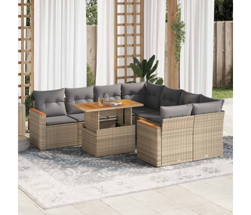 Set sofás jardín y cojines 9 pzas ratán sintético acacia beige
