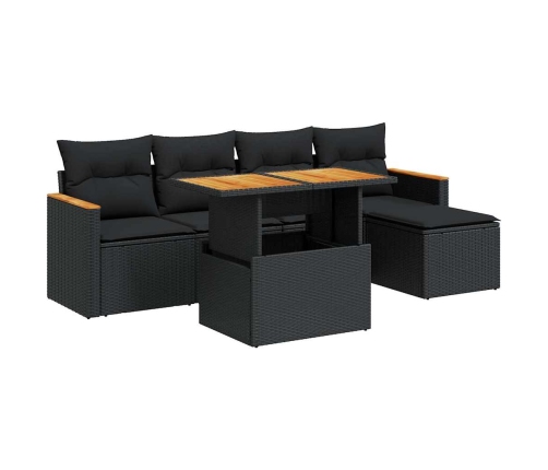 Set sofás jardín y cojines 6 pzas ratán sintético acacia negro
