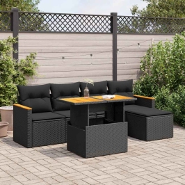 Set sofás jardín y cojines 6 pzas ratán sintético acacia negro