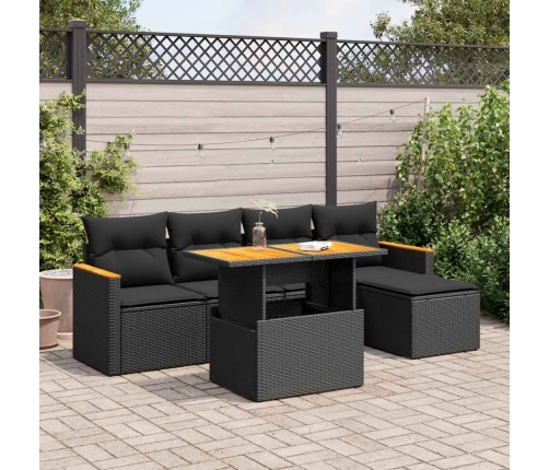 Set sofás jardín y cojines 6 pzas ratán sintético acacia negro