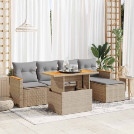 Set sofás jardín y cojines 6 pzas ratán sintético acacia beige