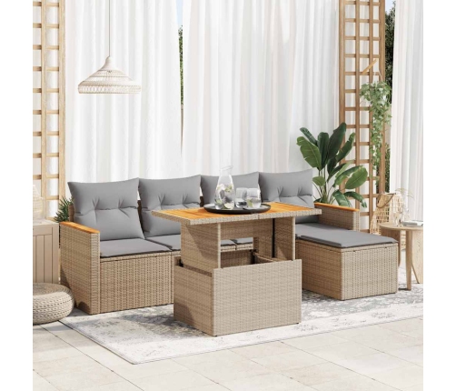 Set sofás jardín y cojines 6 pzas ratán sintético acacia beige