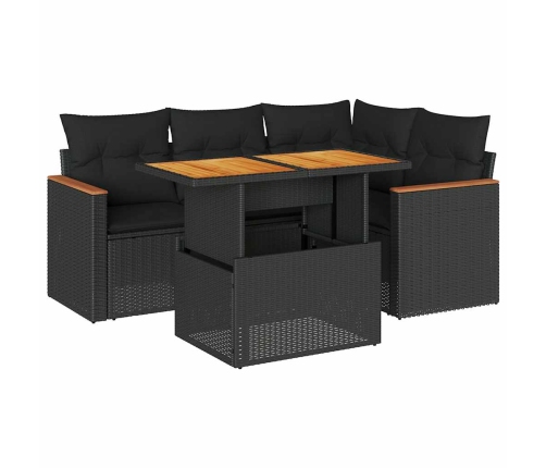 Set sofás jardín y cojines 5 pzas ratán sintético acacia negro