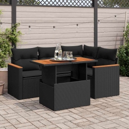 Set sofás jardín y cojines 5 pzas ratán sintético acacia negro