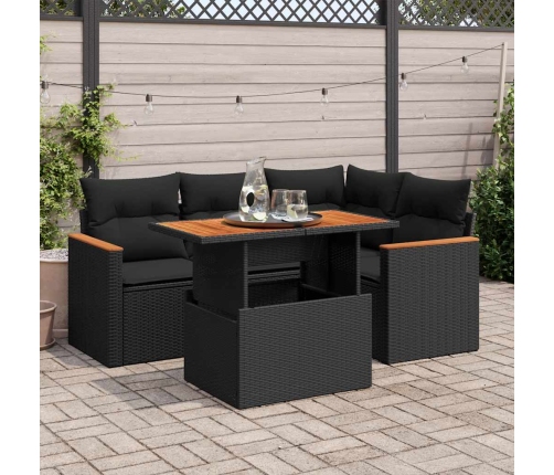 Set sofás jardín y cojines 5 pzas ratán sintético acacia negro