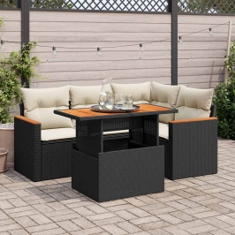 Set sofás jardín y cojines 5 pzas ratán sintético acacia negro