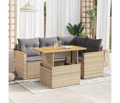 Set sofás jardín y cojines 5 pzas ratán sintético acacia beige