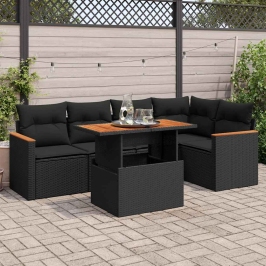 Set sofás jardín y cojines 6 pzas ratán sintético acacia negro