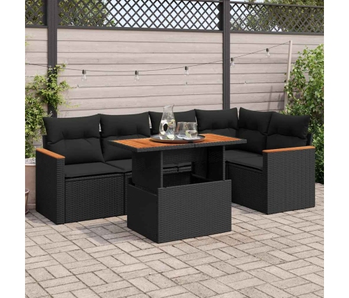Set sofás jardín y cojines 6 pzas ratán sintético acacia negro