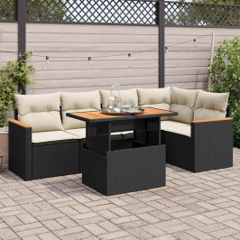 Set sofás jardín y cojines 6 pzas ratán sintético acacia negro