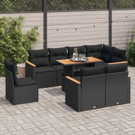 Set sofás jardín y cojines 9 pzas ratán sintético acacia negro
