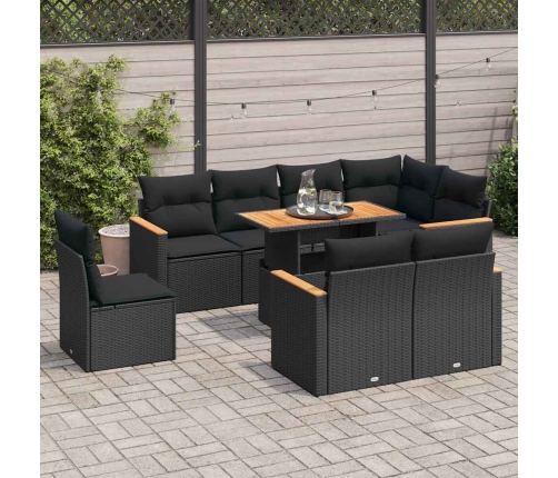 Set sofás jardín y cojines 9 pzas ratán sintético acacia negro