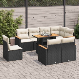 Set sofás jardín y cojines 9 pzas ratán sintético acacia negro