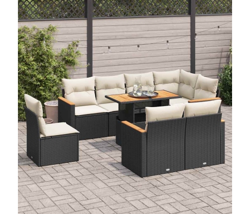 Set sofás jardín y cojines 9 pzas ratán sintético acacia negro