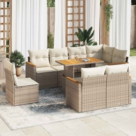 Set sofás jardín y cojines 9 pzas ratán sintético acacia beige