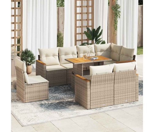 Set sofás jardín y cojines 9 pzas ratán sintético acacia beige