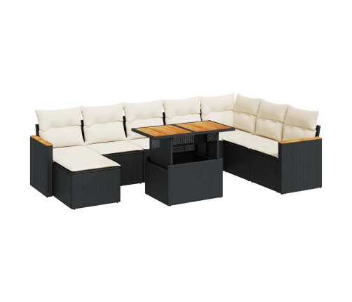Set sofás jardín y cojines 9 pzas ratán sintético acacia negro
