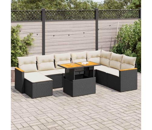 Set sofás jardín y cojines 9 pzas ratán sintético acacia negro