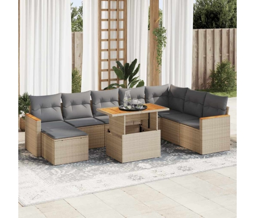 Set sofás jardín y cojines 9 pzas ratán sintético acacia beige