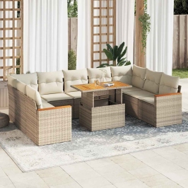 Set sofás jardín y cojines 10 pzas ratán sintético acacia beige