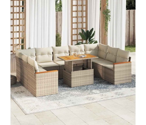 Set sofás jardín y cojines 10 pzas ratán sintético acacia beige