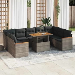 Set sofás jardín y cojines 10 pzas ratán sintético acacia gris