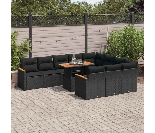 Set sofás jardín y cojines 11 pzas ratán sintético acacia negro