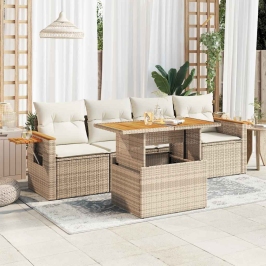 Set sofás jardín y cojines 5 pzas ratán sintético acacia beige