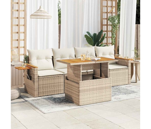 Set sofás jardín y cojines 5 pzas ratán sintético acacia beige