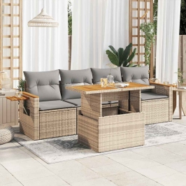 Set sofás jardín y cojines 5 pzas ratán sintético acacia beige