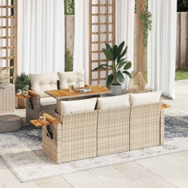 Set sofás jardín y cojines 6 pzas ratán sintético acacia beige