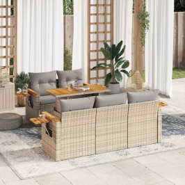 Set sofás jardín y cojines 6 pzas ratán sintético acacia beige