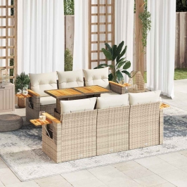 Set sofás jardín y cojines 7 pzas ratán sintético acacia beige