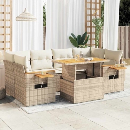 Set sofás jardín y cojines 7 pzas ratán sintético acacia beige