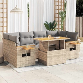 Set sofás jardín y cojines 7 pzas ratán sintético acacia beige