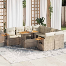 Set sofás jardín y cojines 9 pzas ratán sintético acacia beige