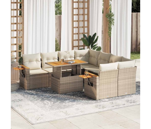 Set sofás jardín y cojines 9 pzas ratán sintético acacia beige